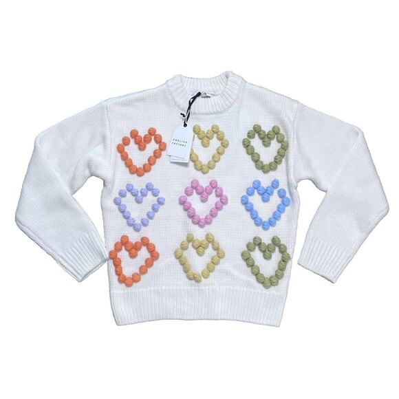 English Factory Heart Pom Sweater Knit Wool Blend Ivory Love Womens Size Small - Picture 2 of 14
